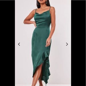 Missguided green satin ruffle side cami midi dress